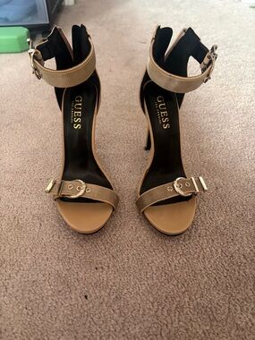 GUESS Tan and Black Ankle-Strap High Heel Sandals